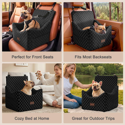 JOEJOY Elevated Dog Car Seat for Small/Medium Dogs up to 35 lbs, Memory Foam Booster Seat with Detachable Washable Cover, Travel-Safe Car Bed with Safety Belts & Storage Pockets, Grey