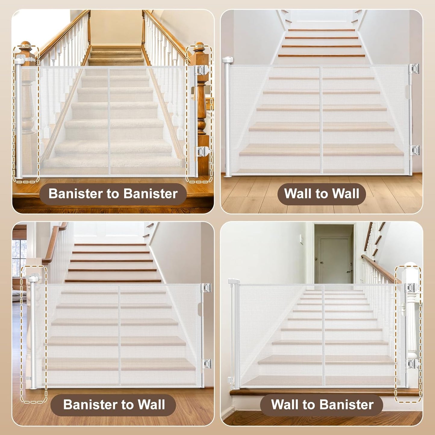 Upgraded Retractable Baby Gates for Stairs & Banister, Mesh Dog Gate Indoor, Extends to 55" Wide 33" Tall, Child Safety Gate for Stairway, Banister & Wall Mount (Gray)