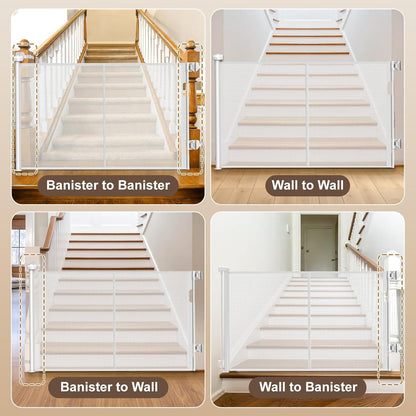Upgraded Retractable Baby Gates for Stairs & Banister, Mesh Dog Gate Indoor, Extends to 55" Wide 33" Tall, Child Safety Gate for Stairway, Banister & Wall Mount (Gray)