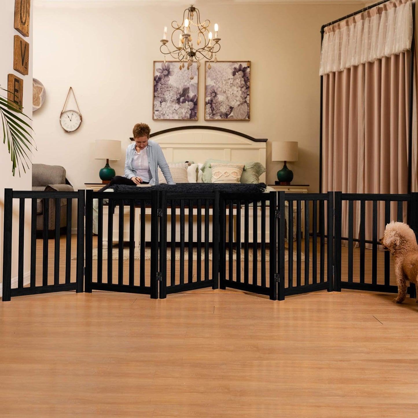 LZRS 2-Panel Wooden Free Standing Foldable Dog Gate Indoor – Solid Hardwood 24" High, Step-Over Safety Pet Gate for Doorways, Stairs & Small Spaces - Indoor Use, White