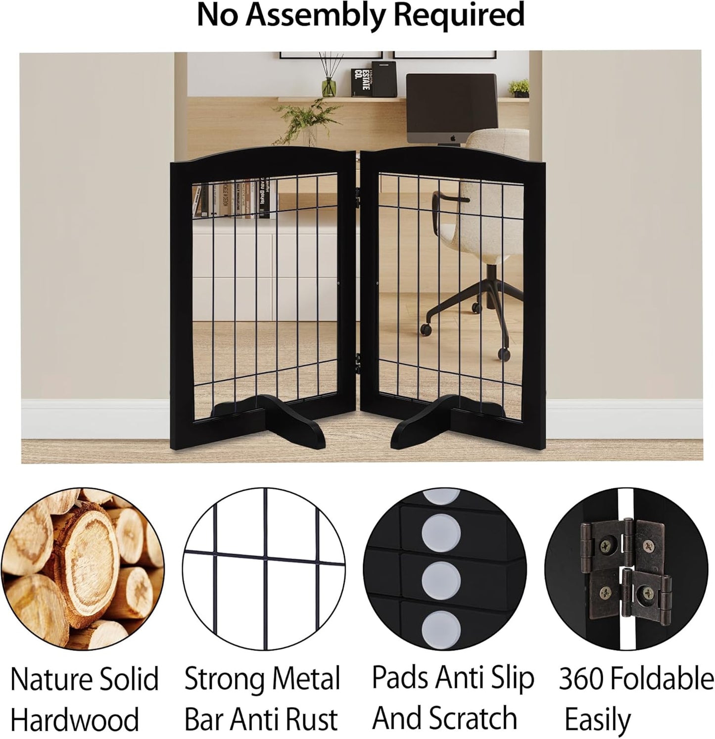 LZRS 2-Panel Freestanding Foldable Wood Dog Gate – Solid Wood & Steel Wire, Chew-Resistant Pet Barrier for Indoor Use, Ideal for Small to Medium Dogs, White