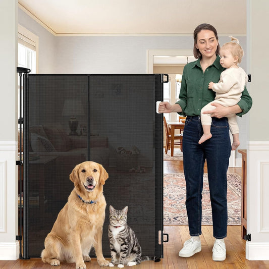 Reinforced 52" Extra Tall Dog Gate for Doorway, Jump-Resistant & Prevent Crawling Underneath Retractable Dog Gates Indoor, 0-55" W Retractable Baby Gate for Doorway, Safety Extra Tall Cat Gate, White