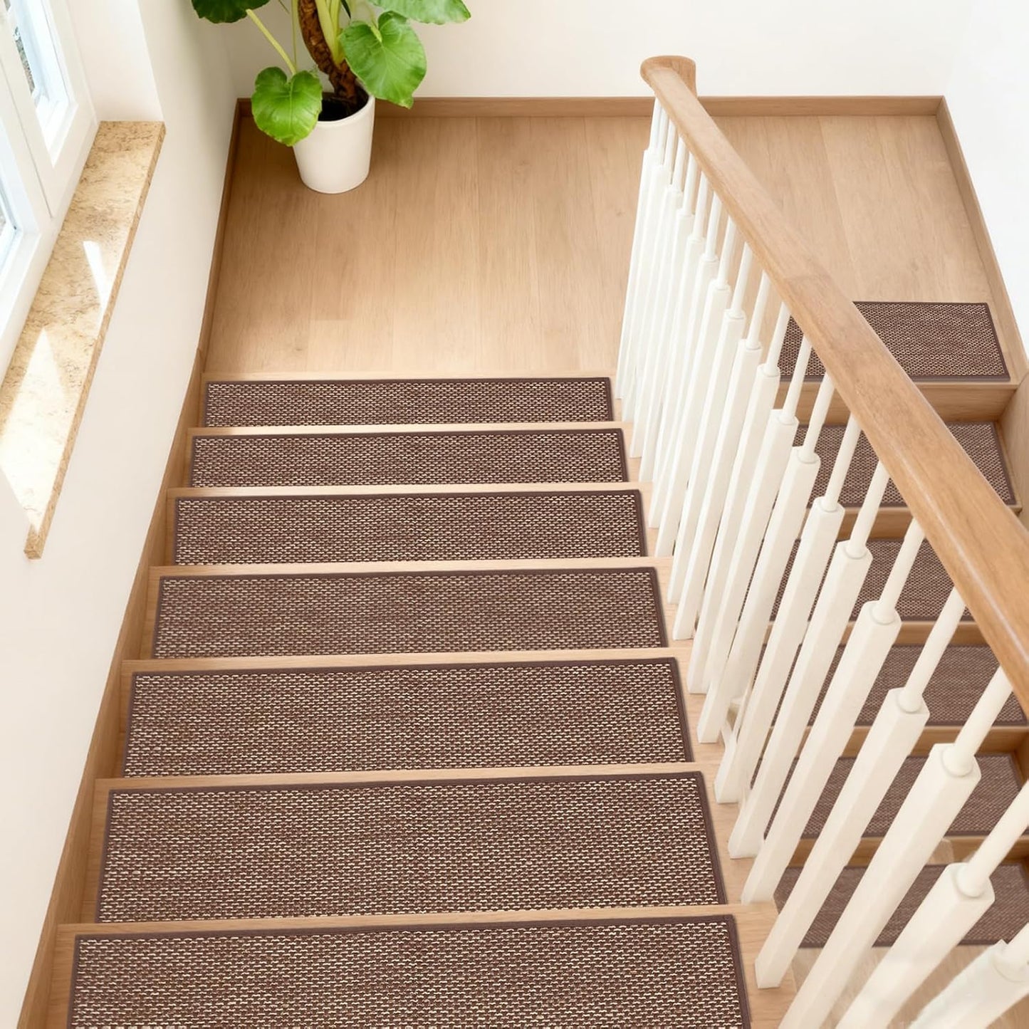 Natural Linen Non Slip Stair Treads, 15 Pack 8" X 30" Carpet Stair Treads with Reusable TPE Adhesive Backing, Non Slip Stair Runner Indoor for Kids Elders and Pets, Machine Washable, Brown Weave