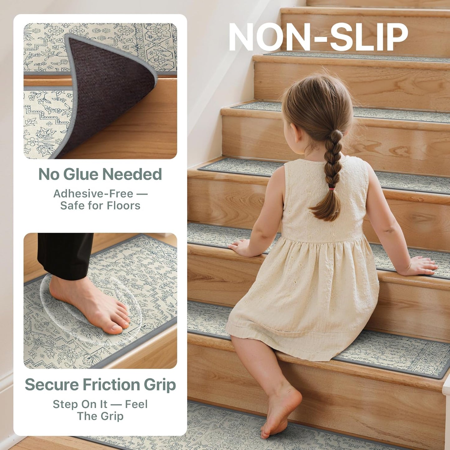 sarben Non Slip Stair Treads for Wooden Steps 15PCS - 8"x30" Indoor Safety Carpet, Edging Mats with TPE Adhesive Backing, Pet and Elderly Friendly Stair Rugs (Taupe) - Colors A