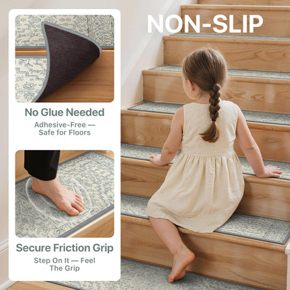 sarben Non Slip Stair Treads for Wooden Steps 15PCS - 8"x30" Indoor Safety Carpet, Edging Mats with TPE Adhesive Backing, Pet and Elderly Friendly Stair Rugs (Taupe) - Colors A