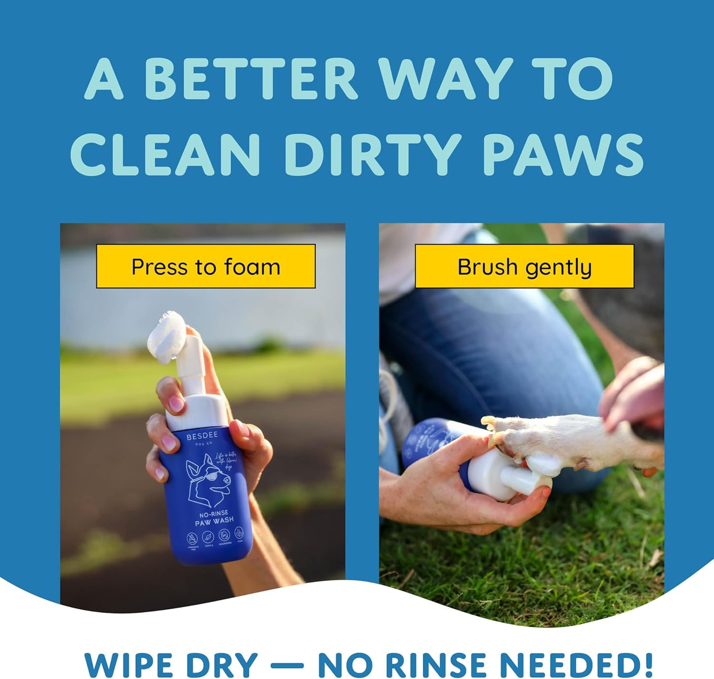Dog Paw Cleaner – Refillable No-Rinse Paw Wash Bottle + 1 Cleaning Tablet – Hypoallergenic, Eco-Conscious Alternative to Dog Wipes – Gentle Foaming Paw Cleaner for After Walks