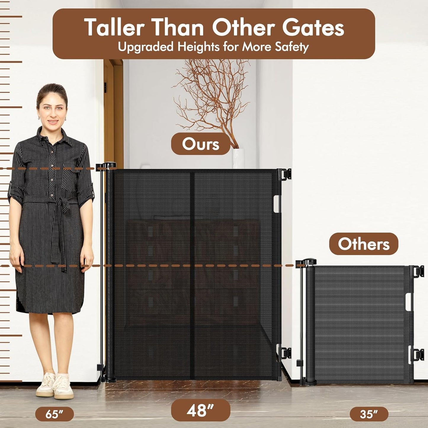 Reinforced 48" Extra Tall Pet Gate with Support Rods, 4 Ft Tall Retractable Baby Gates for Doorways 55" Wide Mesh Dog Gate Indoor Outdoor - Prevent Baby/Pet from Jumping Over, Black