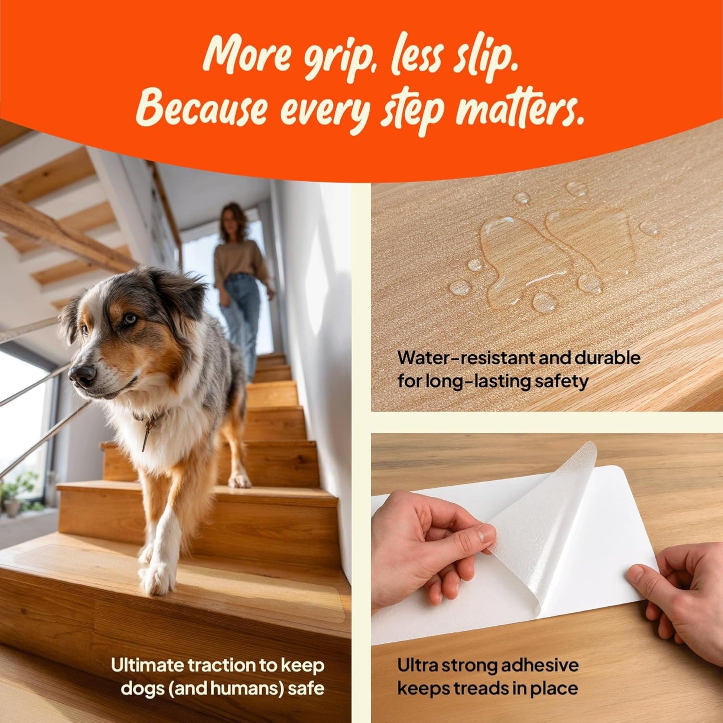 Clear Anti-Slip Stair Treads – Transparent Adhesive Stair Strips for Dogs, Cats, & Elderly Pets, Non-Slip Step Traction Pads for Pet Safety, Easy to Apply & Remove – 15 Pack (24" x 6")