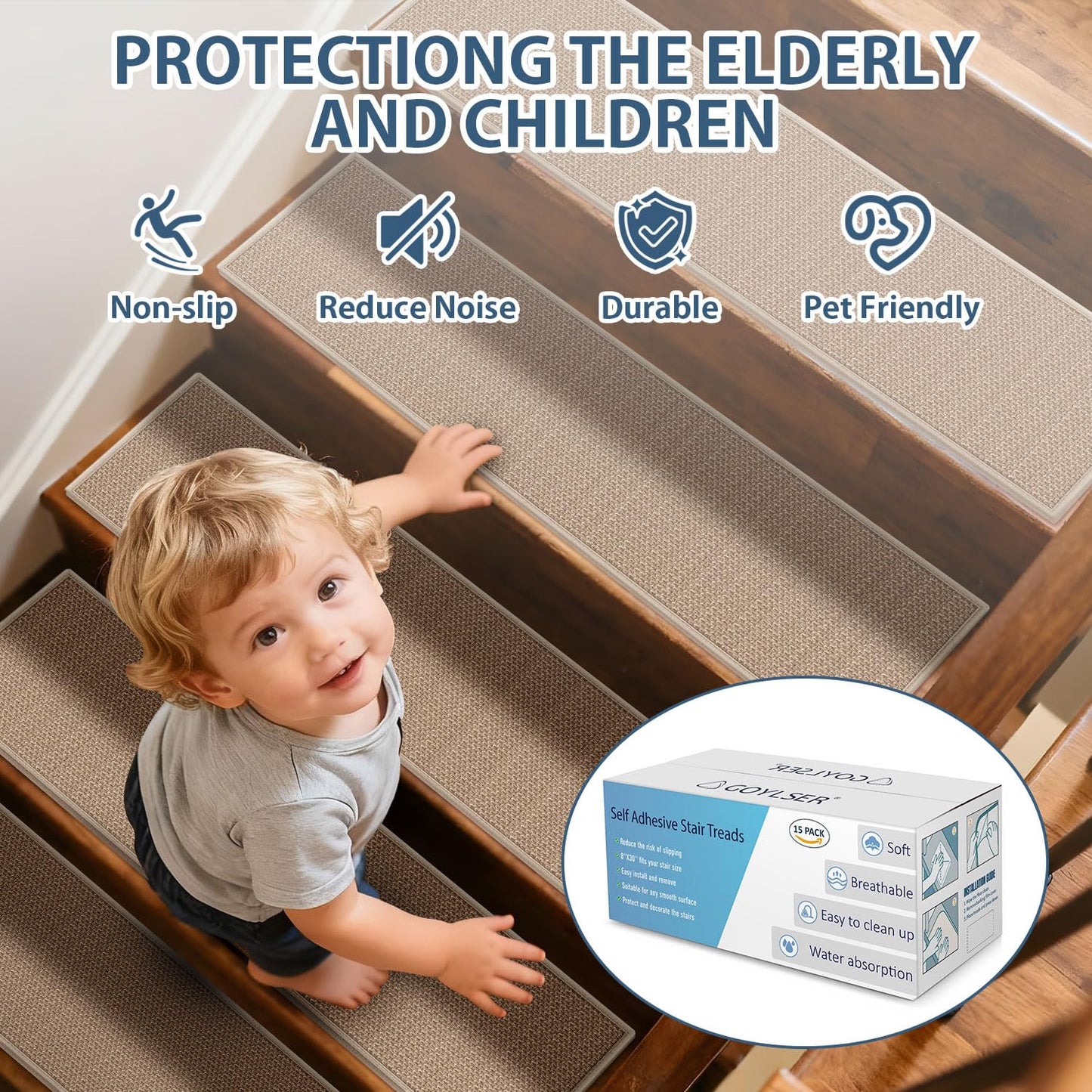 Peel and Stick Adhesive Stair Treads for Wooden Steps Indoor Set of 15 Pack, Rubber Backed Non Slip Jute Stair Rug Step Pads for Pet Dog, Elders and Kids, Beige