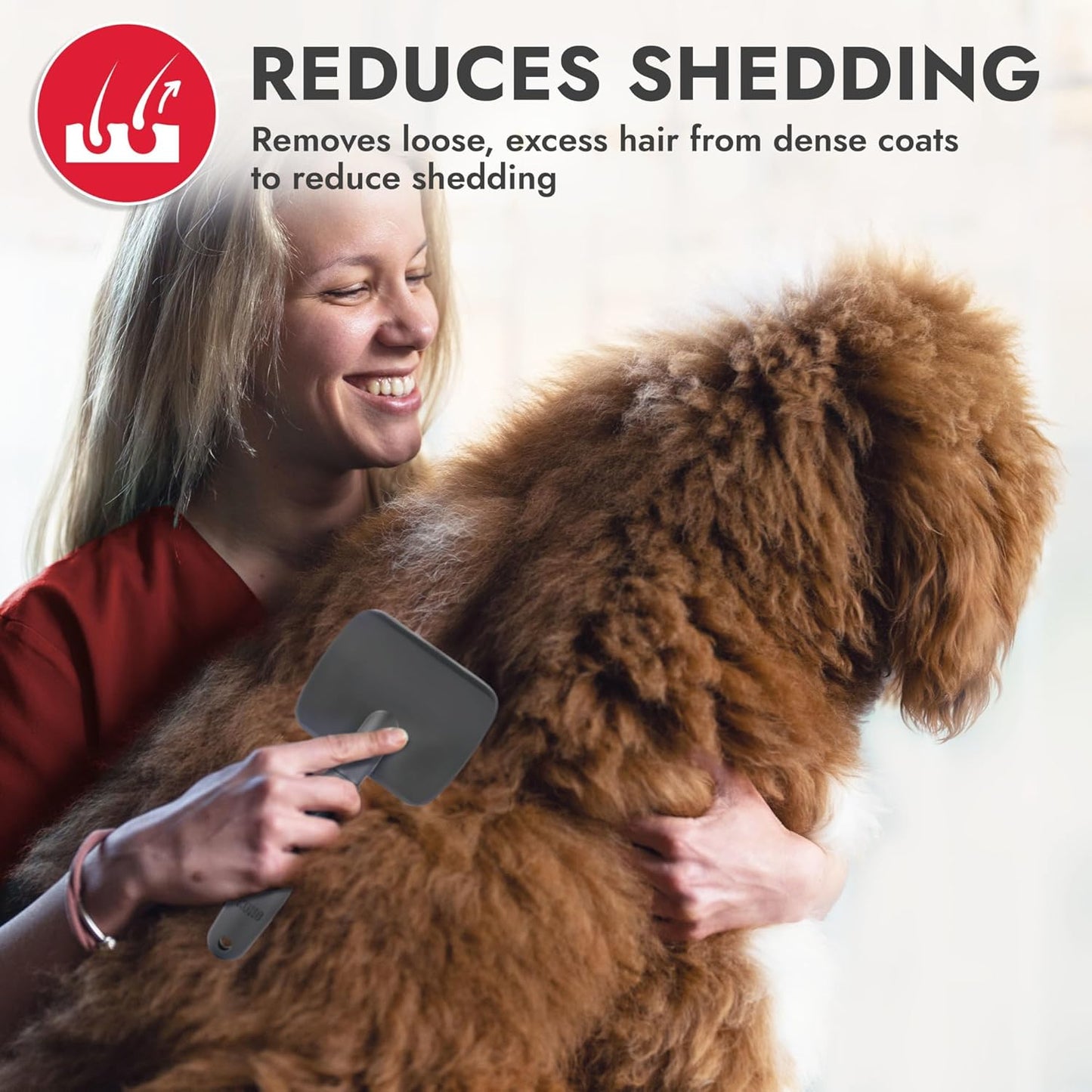 KONG Double-Sided Rake & Deshedding Tool – Detangling & Shedding Control, Rounded Metal Tips, Non-Slip Grip, for Medium to Large Dogs with Medium to Long Coats, Red/Gray