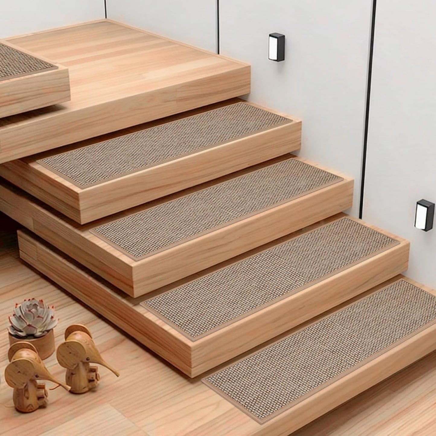 Natural Linen Non Slip Stair Treads, 15 Pack 8" X 30" Carpet Stair Treads with Reusable TPE Adhesive Backing, Non Slip Stair Runner Indoor for Kids Elders and Pets, Machine Washable, Brown Weave
