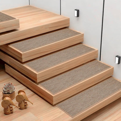 Natural Linen Non Slip Stair Treads, 15 Pack 8" X 30" Carpet Stair Treads with Reusable TPE Adhesive Backing, Non Slip Stair Runner Indoor for Kids Elders and Pets, Machine Washable, Brown Weave