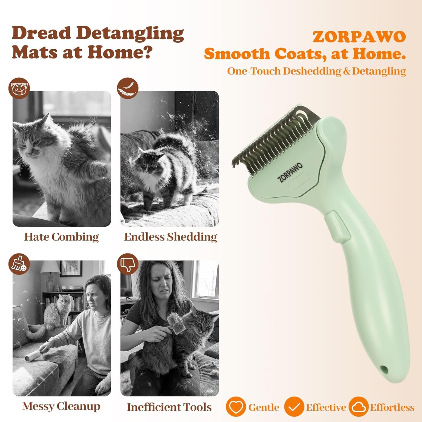 Undercoat Rake & Self-Cleaning Deshedding Brush for Dogs & Cats, Removes Mats & 95% Loose Hair, Grooming Tool for Long Hair Pets - Orange