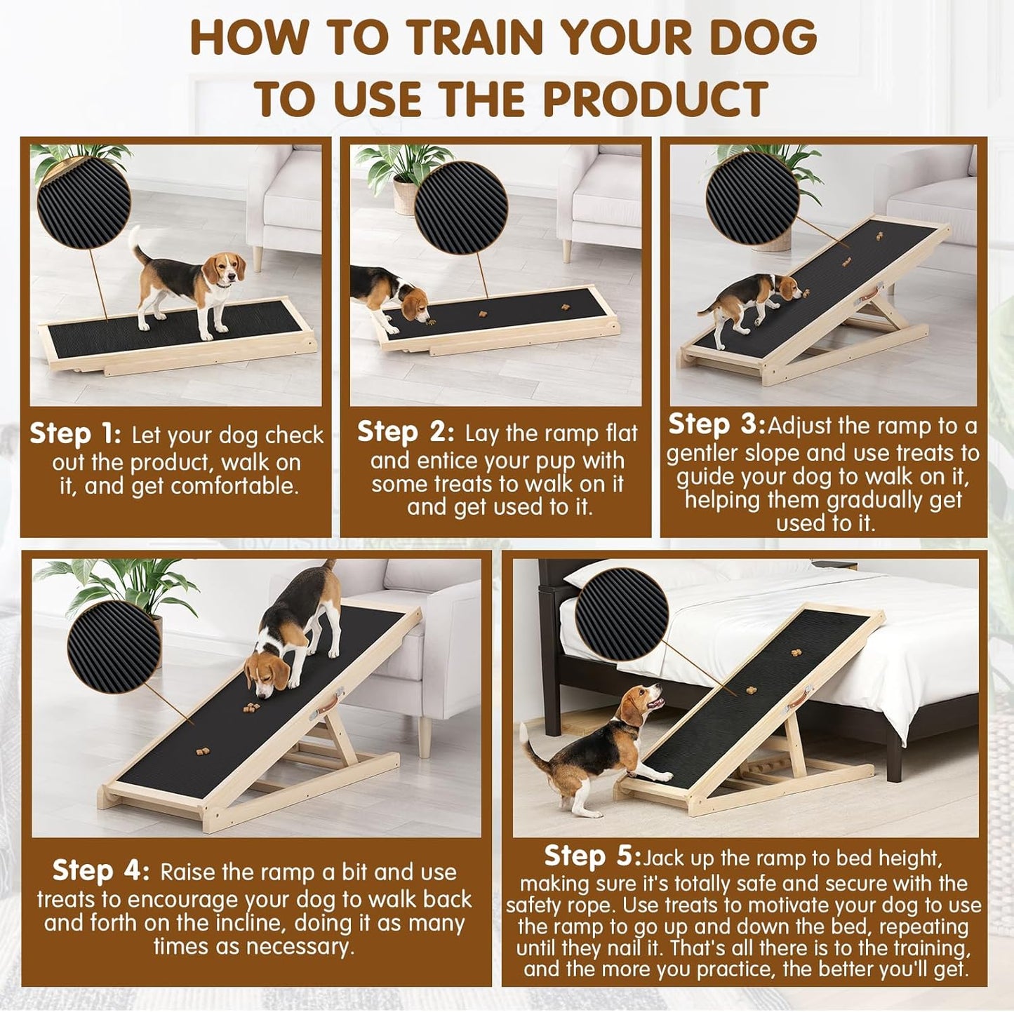 Dog Ramp for Couch with Non-Slip Silicone Mat, 39" Wooden Pet Ramps for Small Dogs, Hold up to 100lb, Adjustable Height from 11.41" to 20.47", Portable Stable Pet Step for Sofa Stairs