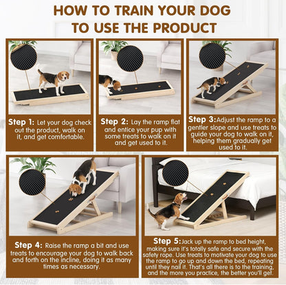 Dog Ramp for Couch with Non-Slip Silicone Mat, 39" Wooden Pet Ramps for Small Dogs, Hold up to 100lb, Adjustable Height from 11.41" to 20.47", Portable Stable Pet Step for Sofa Stairs