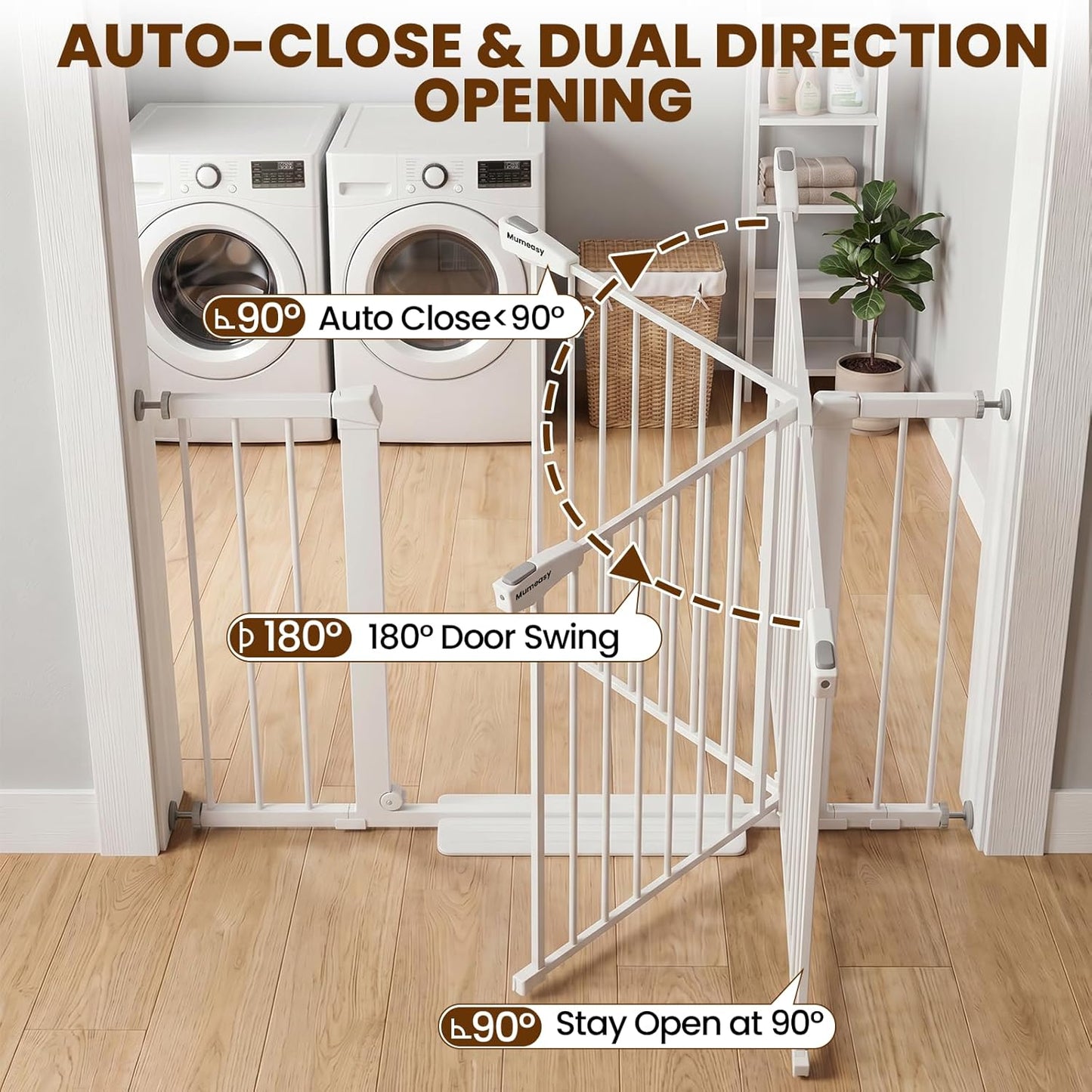 Mumeasy 29.7-46" Baby Gate for Stairs, Pressure Mounted Dog Gate for Doorways, Auto Close Walk Through Pet Gate Indoor, Extra Wide Metal Child Safety Gate, Mom's Choice Awards Winner, Black