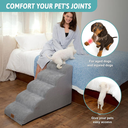 COZY KISS Dog Stairs for Small Dogs 15.7" H, Curved Dog Step for Puppy, Older Cat, Medium Pet Ramp for Sofa, Couch or Chair, Ladder with High Density Foam, 3 Step, 15.7x22.4x15.7 inch, Beige