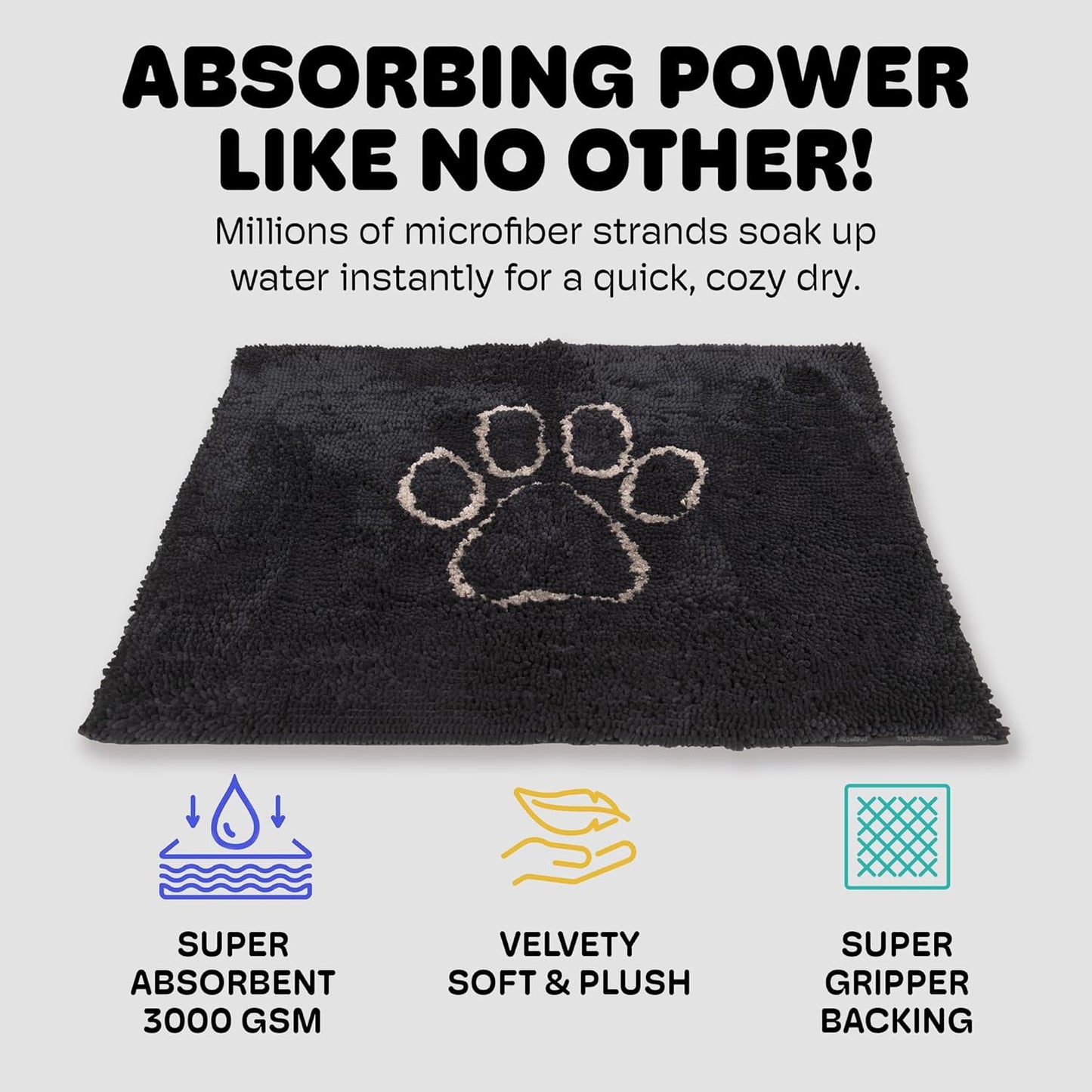 Dog Gone Smart Dirty Dog Doormat - Fast Drying Rug with Super Gripper Backing for Clean Floors - Super Absorbent and Machine Washable Mat for Muddy Paws - Grey