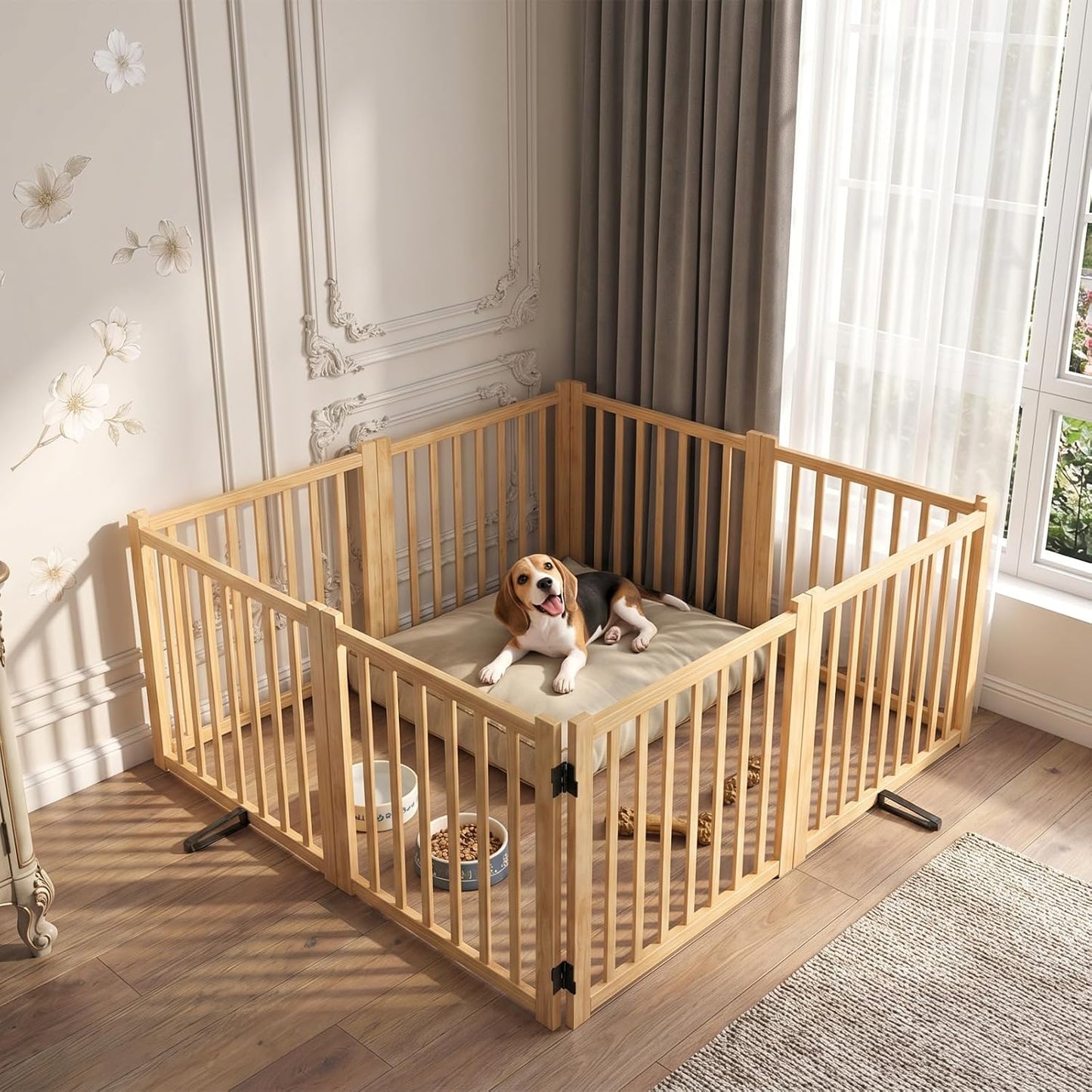 YOCAN Non-Painted Wood FreeStanding Pet Gate for Dogs,Wooden Dog Gates for Doorways, Stairs,The House, Dog Fences Indoor Puppy Gate-2 Panel H:23”