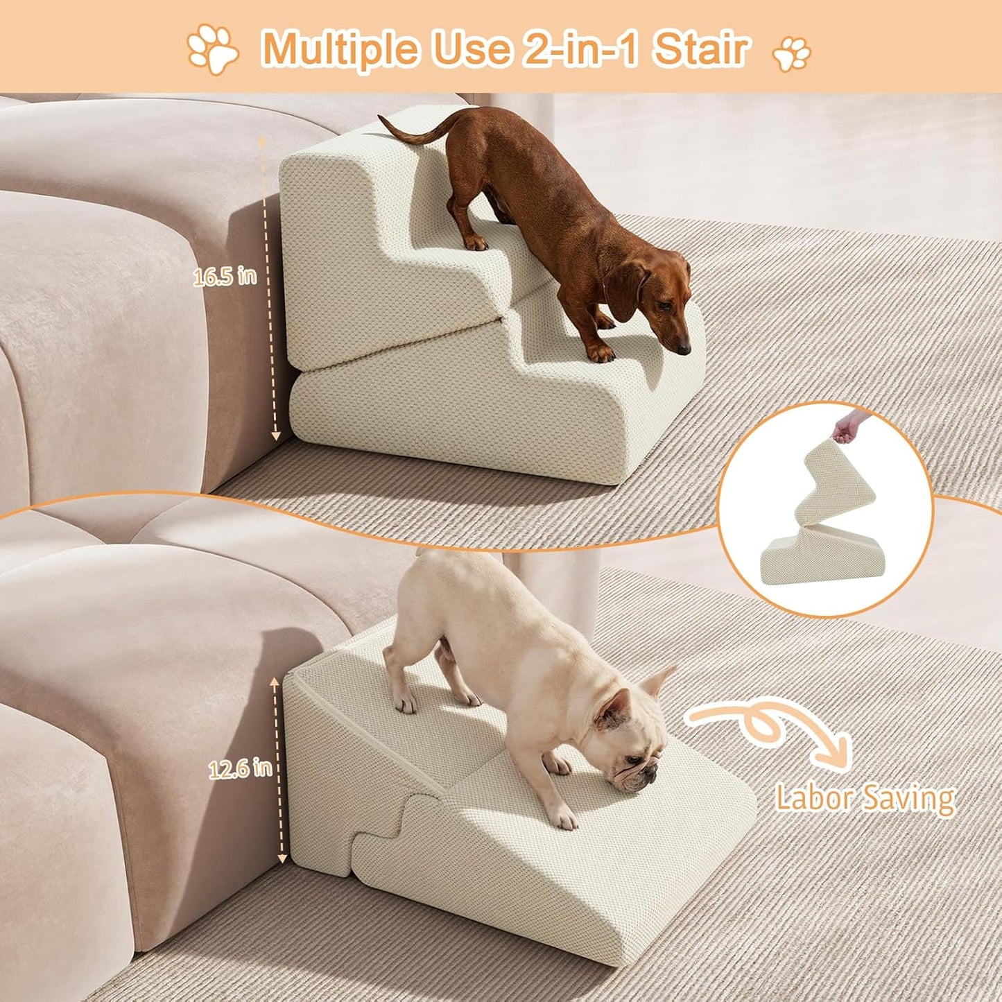Dog Ramp for Bed, 23" H Dog Stairs for High Bed, 2 in 1 Pet Steps for Small Dogs, 5-Step Foldable Transformable Large Cats Ramp to Get on Couch, Non-Slip Balanced, Grey