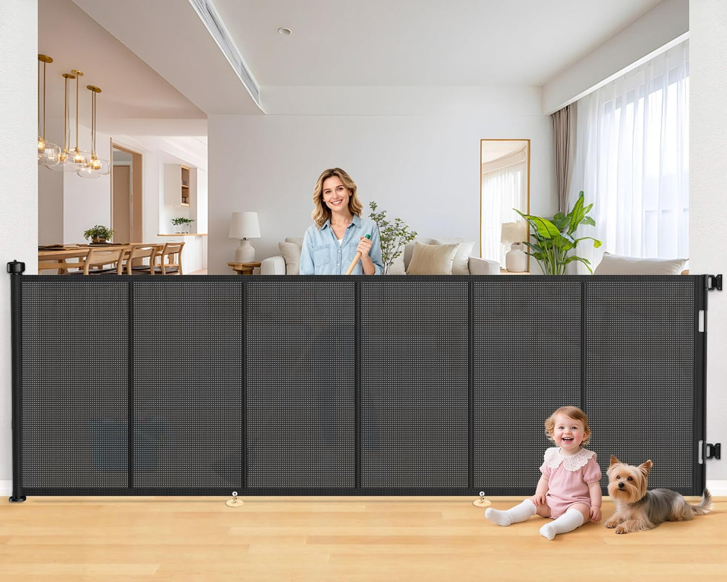 Upgrade 120 inch Retractable Baby Gates, EZIGO Extra Wide Baby Gate for Large Opening Extra Long Mesh Gate for Kids or Pet Dog Gate Child Safety Gate for Stairs Hallways Doorway Indoor Outdoor, Gray