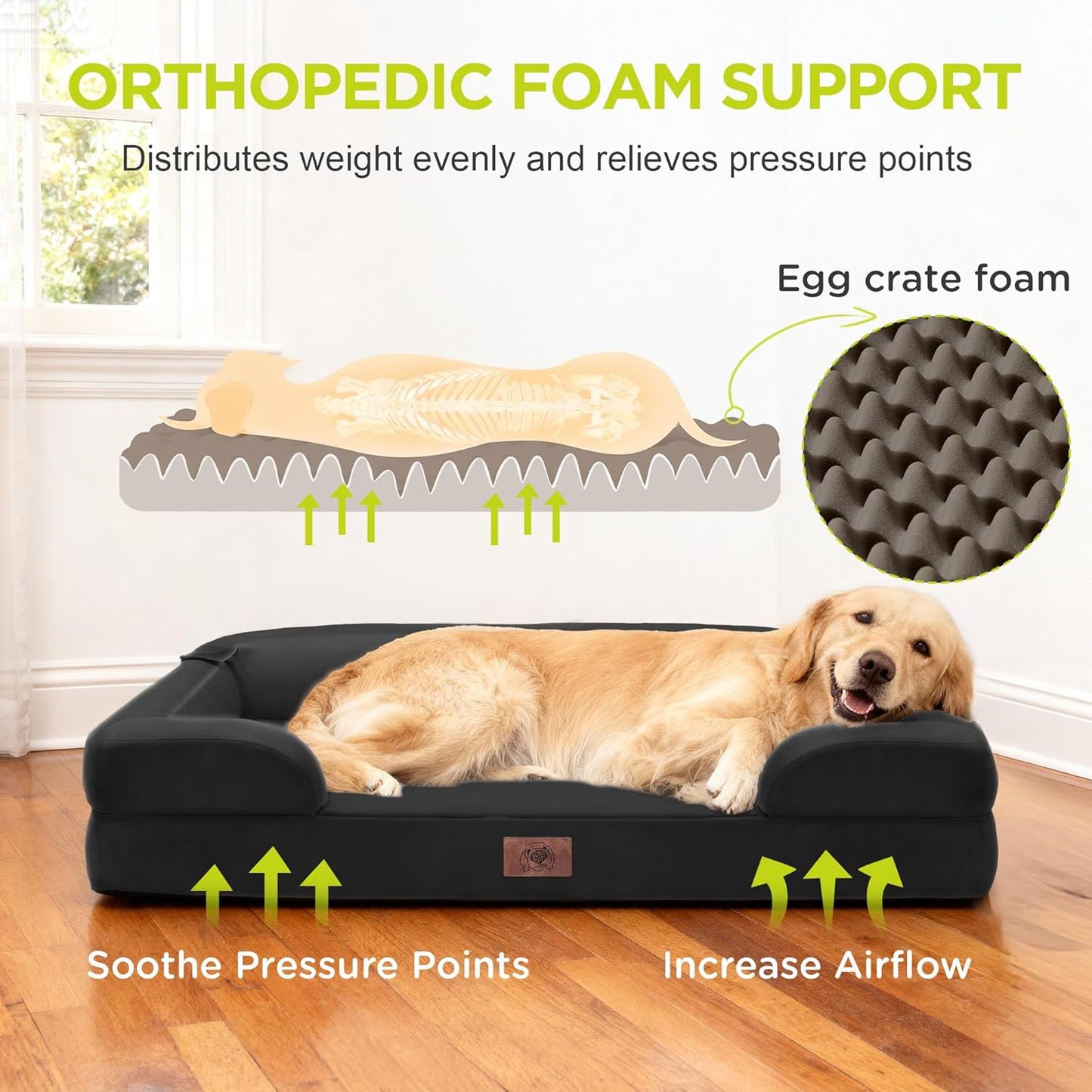 Extra Large Dog Bed, Orthopedic XL Washable Memory Foam Bed for Big Dogs Waterproof Pet Couch Sofa Bolster with Removable Cover, Non-Slip Bottom, Tennis Ball Toy, 42x30