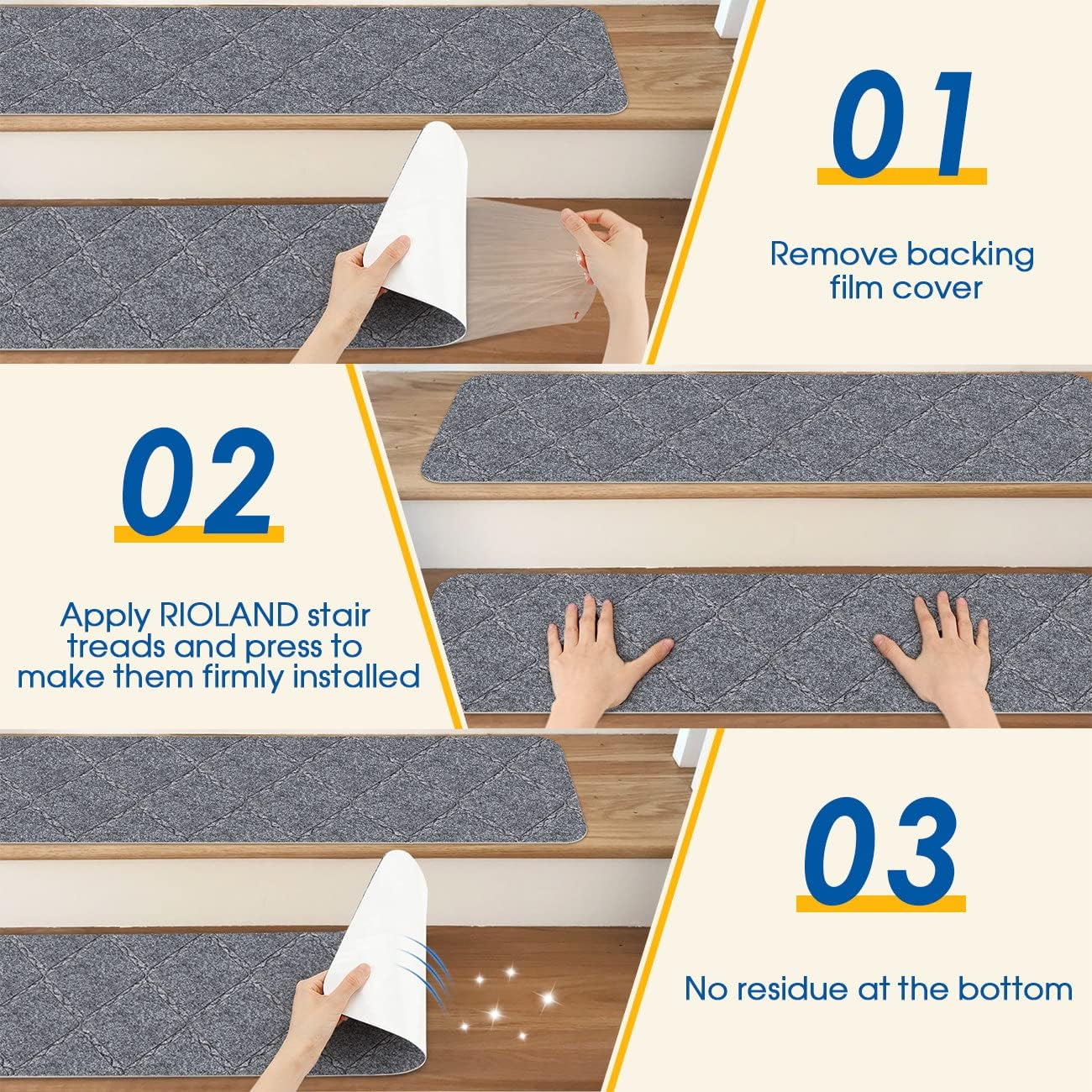 RIOLAND Stair Treads Carpet Non-Slip Indoor 15 PCS Wood Stair Treads Rugs Anti Moving Modern Stair Runners Safety for Kids Dogs, 8" X 30", Diamond Gray