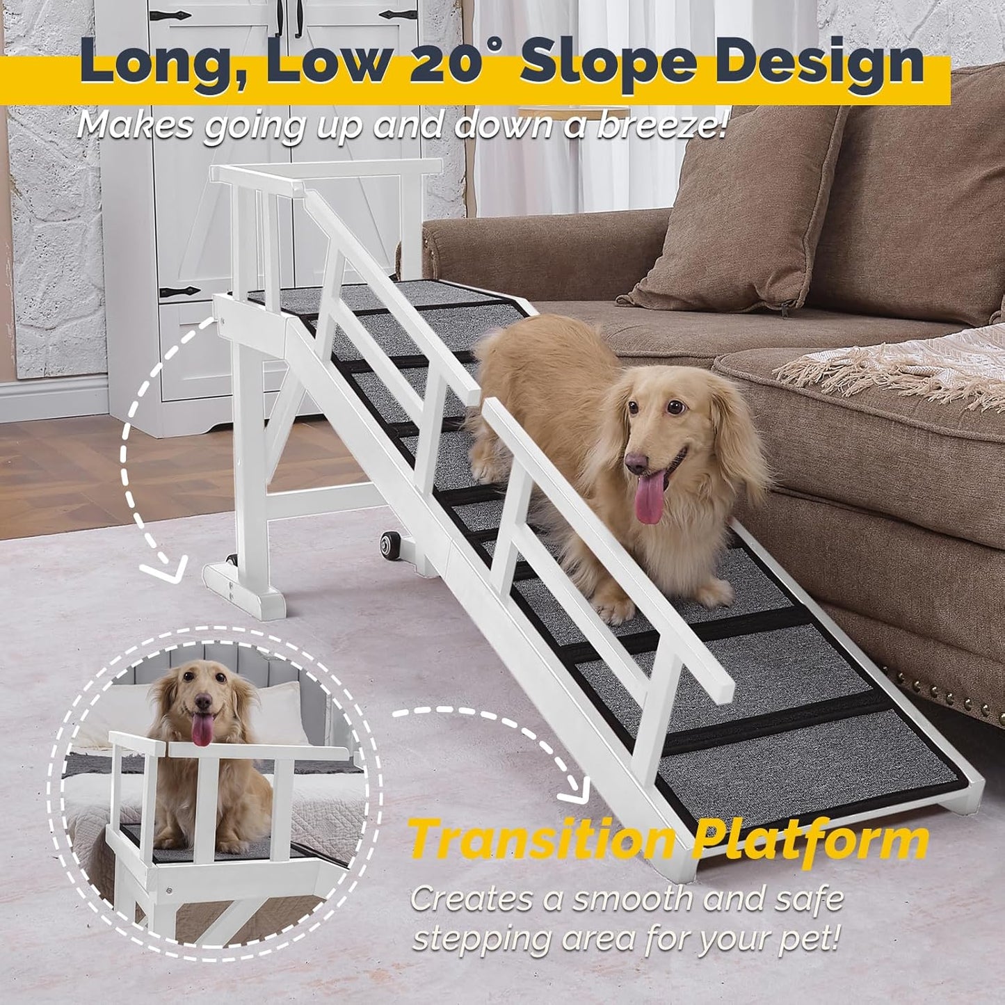 Dog Ramp for Bed or Couch, Wooden Pet Ramp with 20° Gentle Slope, Removable Side Rails, Non-Slip Surface, Top Platform & Wheels, Safe Bed Ramp for Small, Large & Senior Dogs, 60" Long, Mahogany
