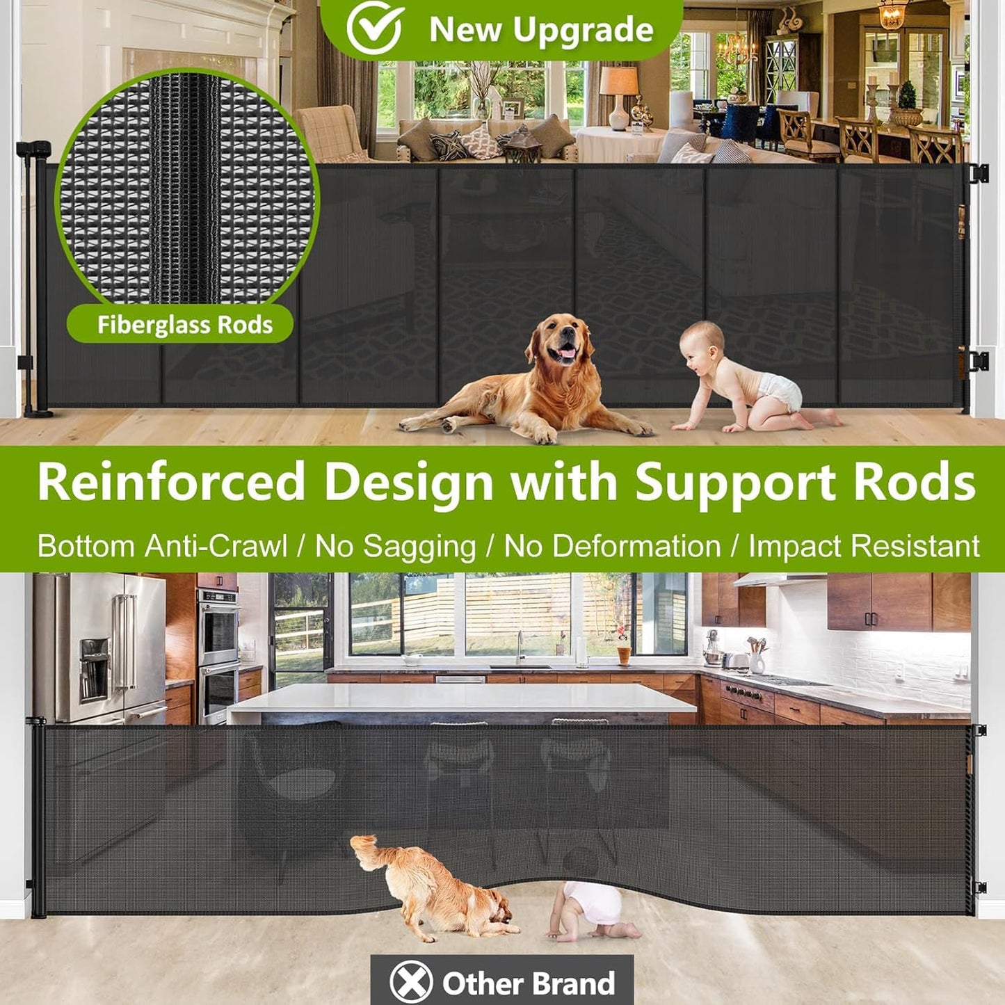 Reinforced 42" Tall Retractable Dog Gate, 155" Extra Long Retractable Baby Gate with Support Rods - Prevent Crawling Under, Indoor/Outdoor Retractable Gate Extra Tall Baby Gate Retractable Fence/Black