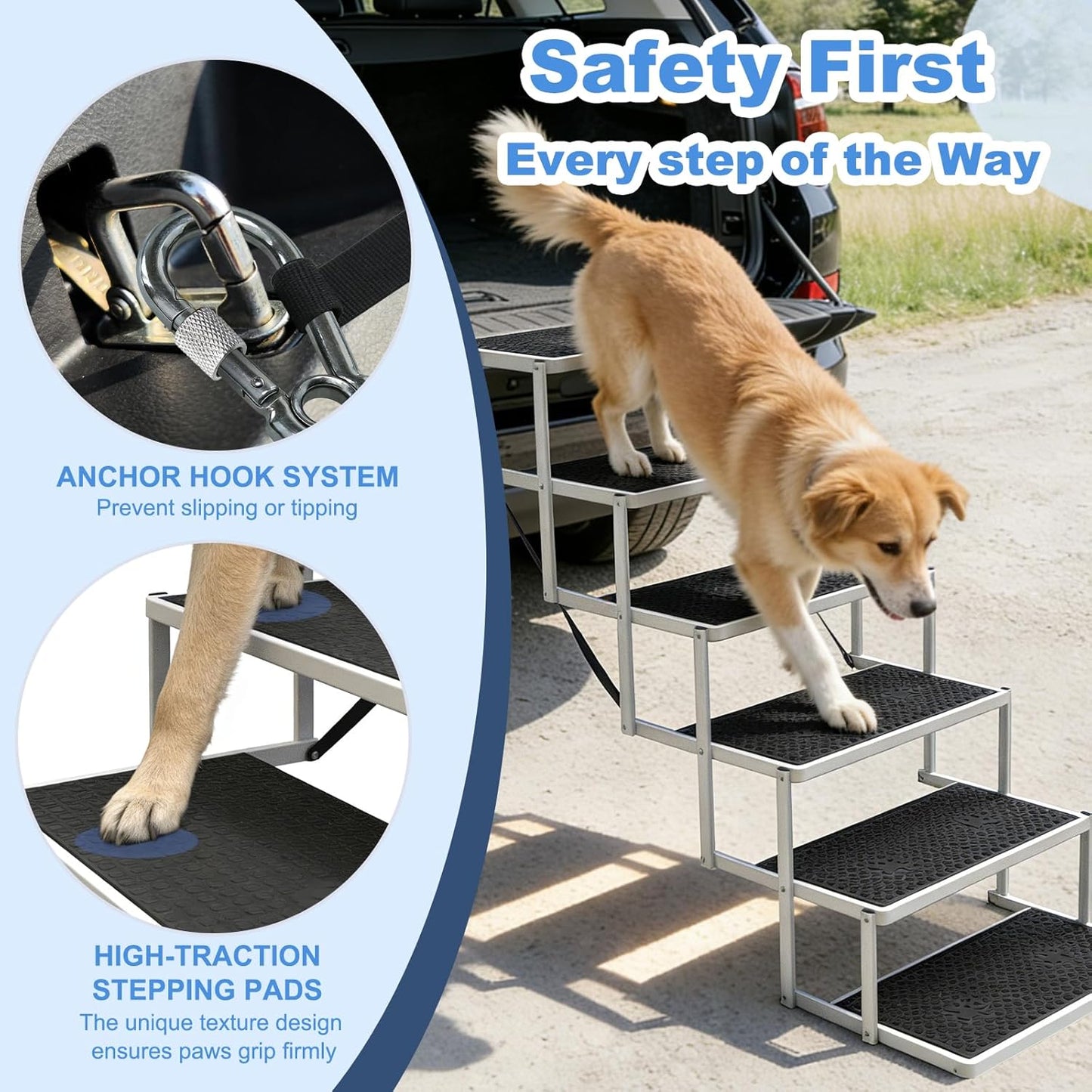 Dog Steps for Car & SUV – 5-Step Foldable Pet Stairs for Large Dogs, Non-Slip Heavy-Duty Plastic Dog Stairs, Lightweight & Portable Vehicle Access, Great Alternative to Dog Ramp for Truck