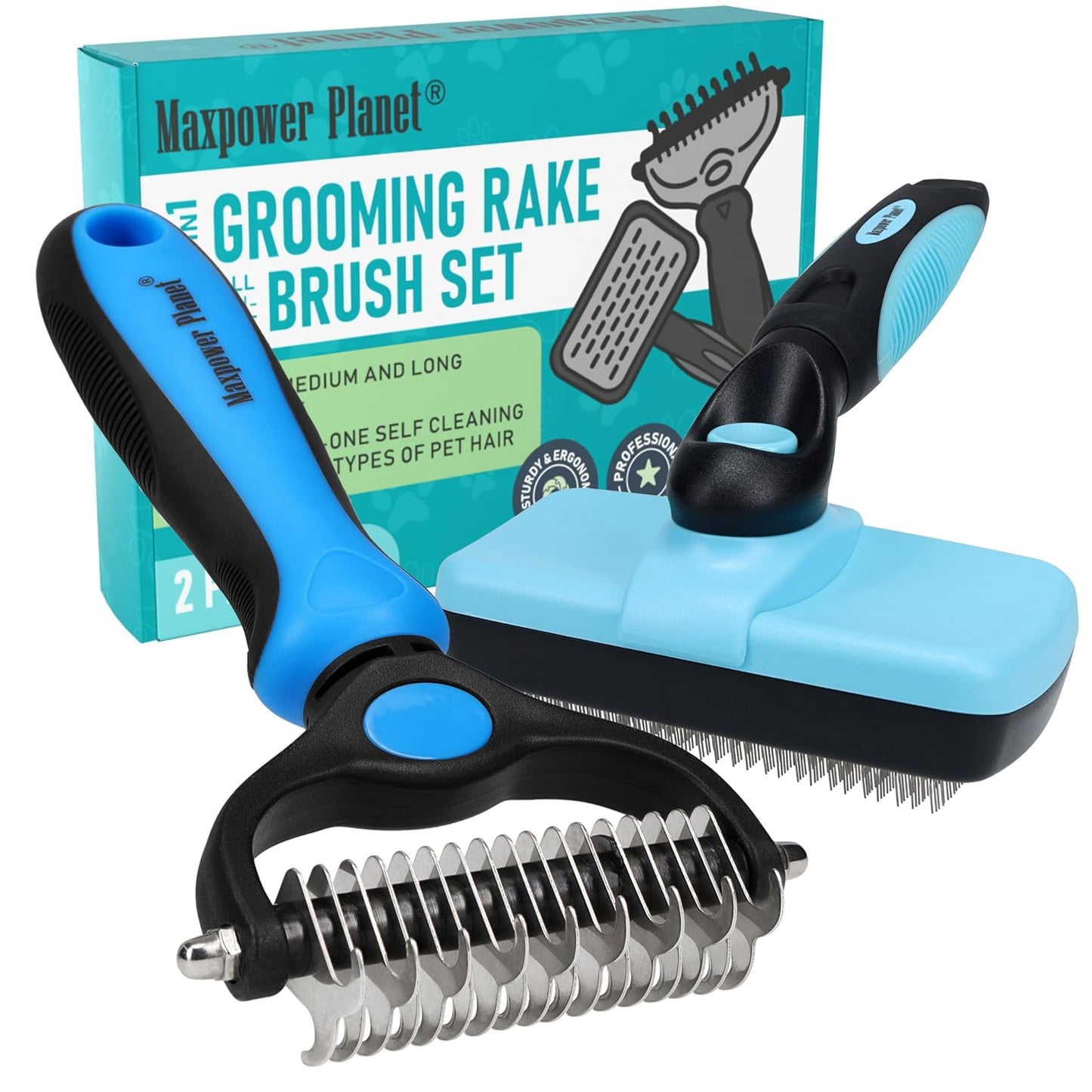 Maxpower Planet Hair Brush - Double Sided Shedding, Dematting Undercoat Rake for Dogs and Cats - Extra Wide Dog Grooming Brush, Reduce Shedding by 95%, Turquoise