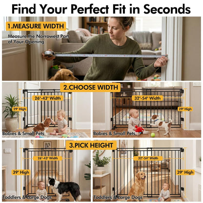 Baby Gate for Stairs & Doorways - Fits Openings 26 to 43 Inches Wide (Must Drill to Install) | 29" Extra Tall with No Bottom Bar | One-Handed Auto-Close Walk-Thru Gate for Kids & Pets, Black