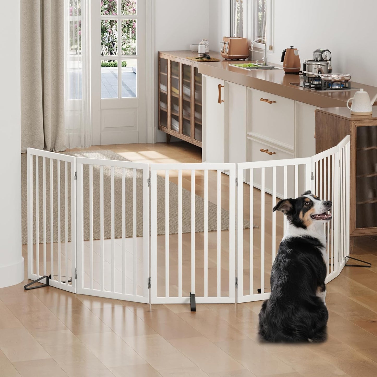 Freestanding Foldable Dog Gate - 4 Panel Room Divider with Metal Support Feet (Black)