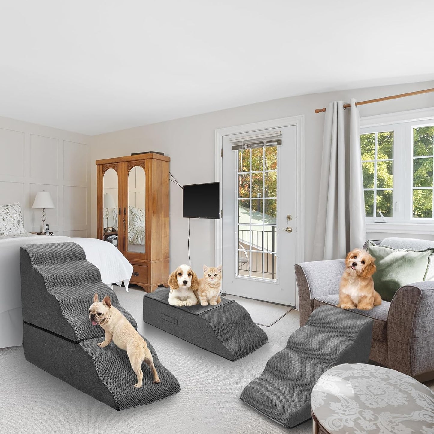 Dog Stairs for High Beds 30-36 inches Tall, 6-Step Dog Steps for Bed 32-36 inches for Small Large Dogs, Doggie Ramp for Bed, 30D Foam Pet Stairs for Old Dogs/Cats, Free-Installation, Grey