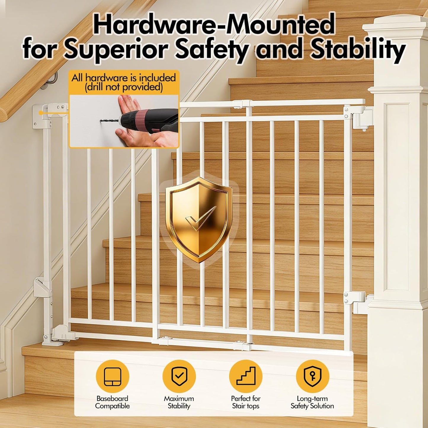 Baby Gate for Stairs & Doorways - Fits Openings 26 to 43 Inches Wide (Must Drill to Install) | 29" Extra Tall with No Bottom Bar | One-Handed Auto-Close Walk-Thru Gate for Kids & Pets, Black