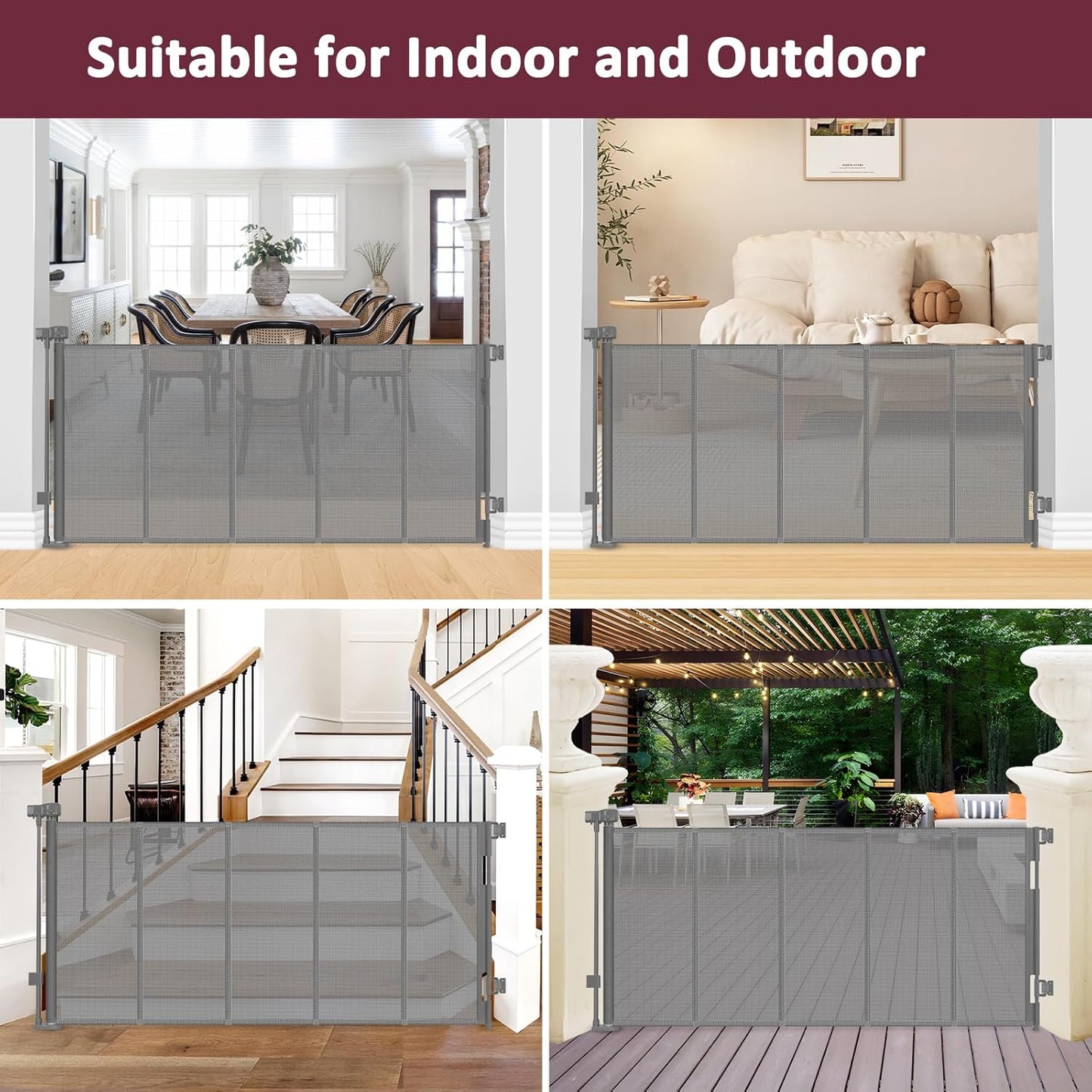 26 Inch Tall Step Over Retractable Dog Gate with Reinforced Bars 55" Wide Small Puppy Gates for The House Short Retractable Baby Gates for Doorway Mesh Dog Gate Indoor Doggie Gate Retractable Pet Gate