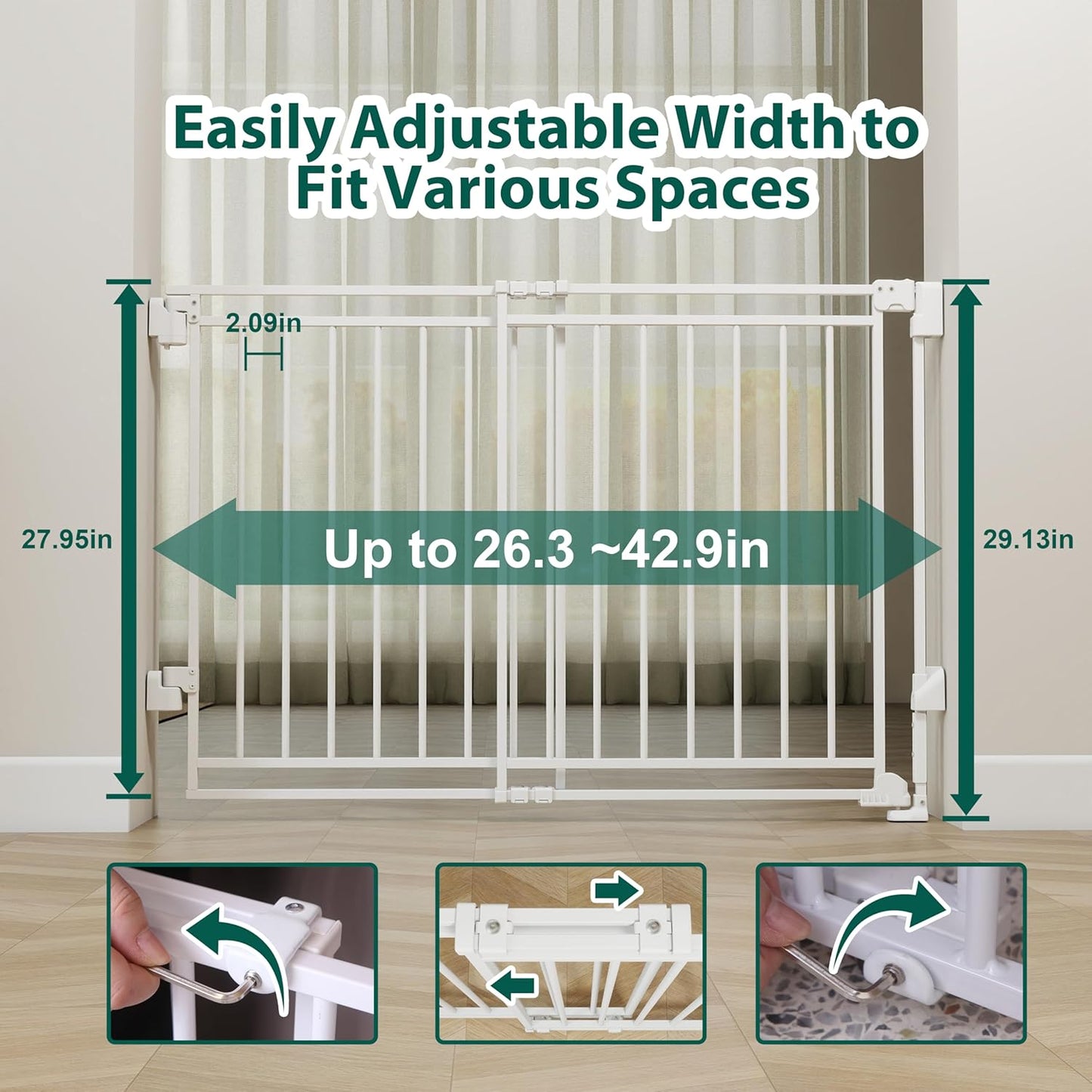 Miumoon 29-43" No Bottom Bar Baby Gate for Stairs, 2-in-1 Auto Close Dog Gate Indoor with Large Walk Thru Door, Hardware Mount Pet Gate for Top and Bottom Stairs (White, 26.5-43" W x 29" H)