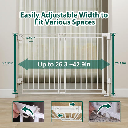 Miumoon 29-43" No Bottom Bar Baby Gate for Stairs, 2-in-1 Auto Close Dog Gate Indoor with Large Walk Thru Door, Hardware Mount Pet Gate for Top and Bottom Stairs (White, 26.5-43" W x 29" H)