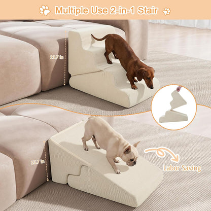 Dog Ramp for Bed, 23" H Dog Stairs for High Bed, 2 in 1 Pet Steps for Small Dogs, 5-Step Foldable Transformable Large Cats Ramp to Get on Couch, Non-Slip Balanced, Grey