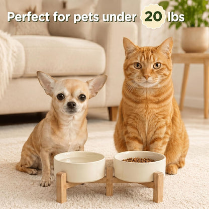 SPUNKYJUNKY Elevated Dog Bowls Ceramic, 6.1'' Dogs and Cat Food Water Bowls Raised with Non-Slip Bamboo Stand for Medium Sized Breed Microwave Dishwasher Safe - 28.7 OZ,Beige