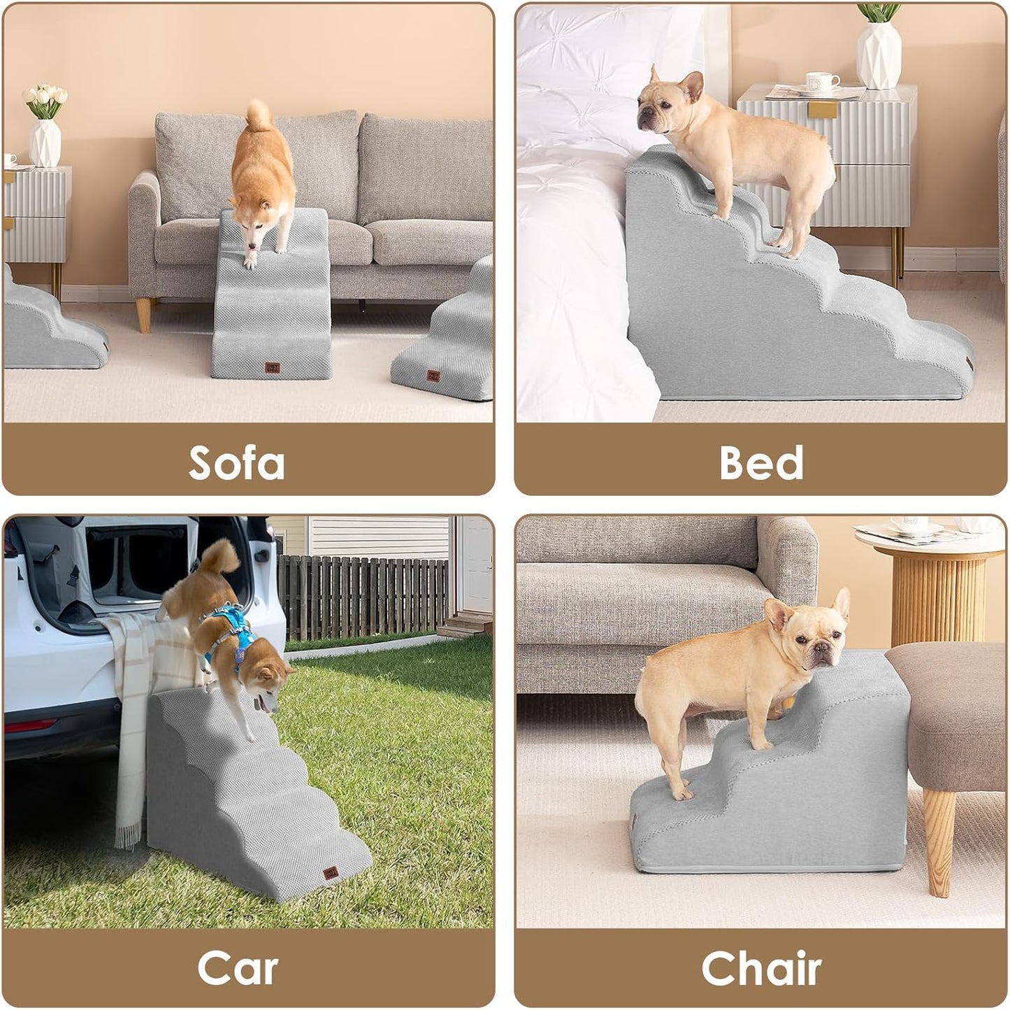 EHEYCIGA Curved Dog Stairs Ramp for High Beds 19.7" H, 4-Step Dog Steps for Small Dogs and Cats, Pet Stairs for High Bed Climbing, Non-Slip Balanced Pet Step Indoor, Grey