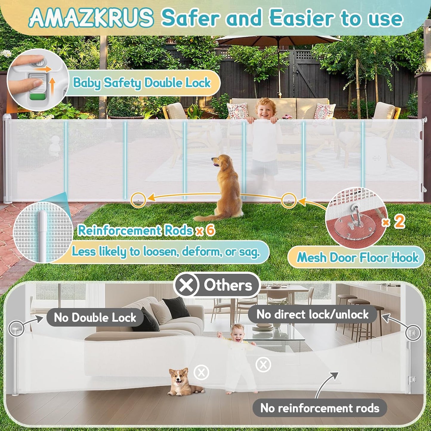 160 Inch Retractable Baby Gates Extra Wide, 42 Inch Extra Tall Retractable Gate, 13 FT Reinforced Retractable Dog Gate with Reinforcement Rod to Prevent Crawling Through, for Doorways, Stairs, Hallway