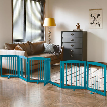 PUPETPO Freestanding Dog Gate with Door, Pet Gate for Stairs, 80 inch Wide Pet Barrier Indoor, Dog Fences Indoor, Support Feet Included, 4 Panels, 24" Tall, Dark Brown