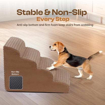 Extra Wide 4-Step Dog Stairs for Bed & Couch 18" H, More Stable Non-Slip Pet Steps with Balanced Foam Structure and Gentle Slopes, Stylish Indoor Dog Steps for Small & Medium Dogs, Gray