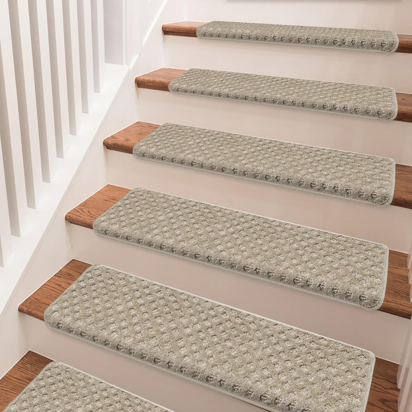PURE ERA Bullnose Carpet Stair Treads Set Tape Free Non-Slip Indoor Stair Protectors Pet Friendly Rugs Covers Soft Skid Resistant Washable Reusable 9.5" x 30"(14 Pieces,Cream Gray)