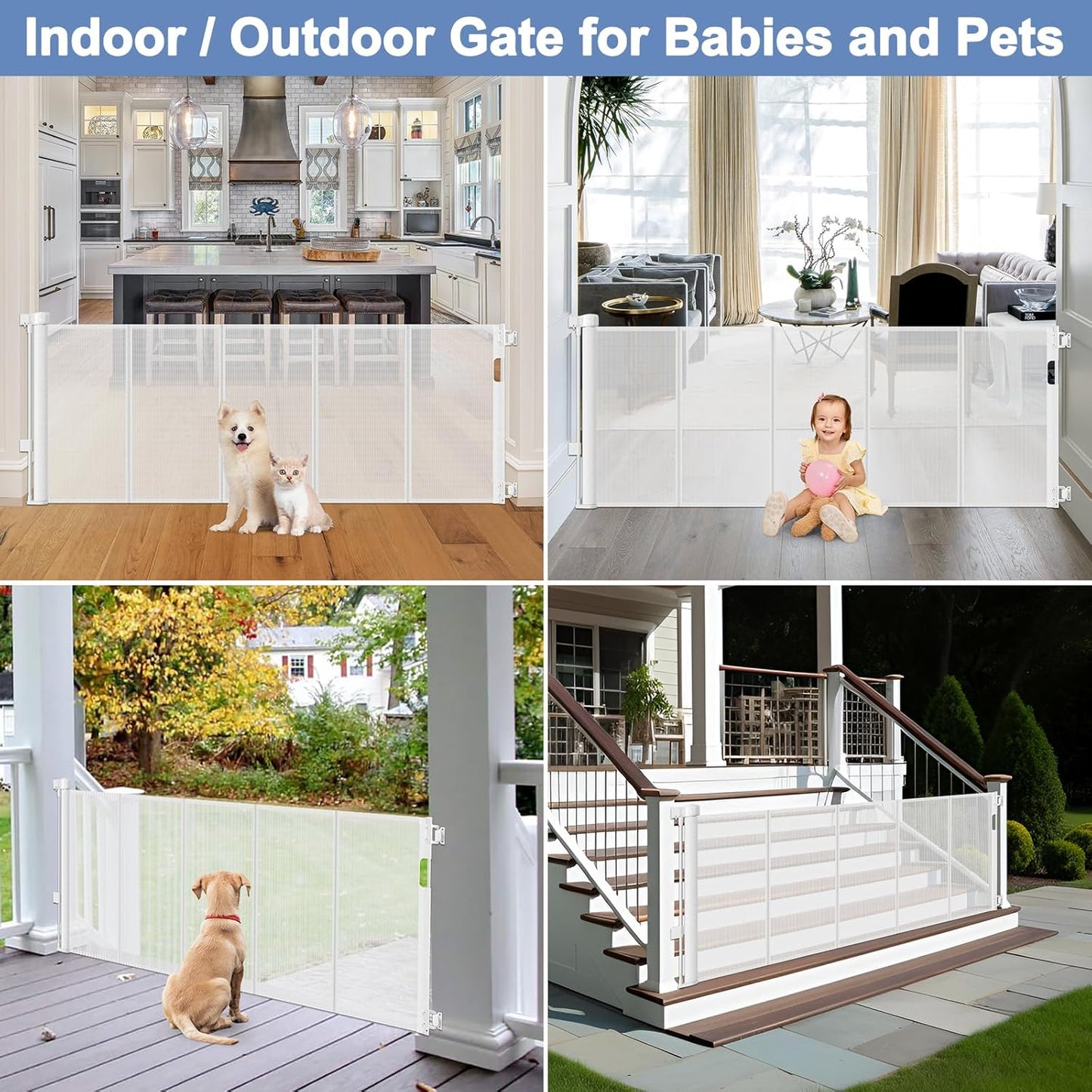 Reinforced 90 Inch Retractable Baby Gates Extra Wide Baby Gate with Reinforced Strips, 7.5ft Long Retractable Dog Gate for The House 33 Inch Tall Extra Long Pet Gates for Wide Openings, Black