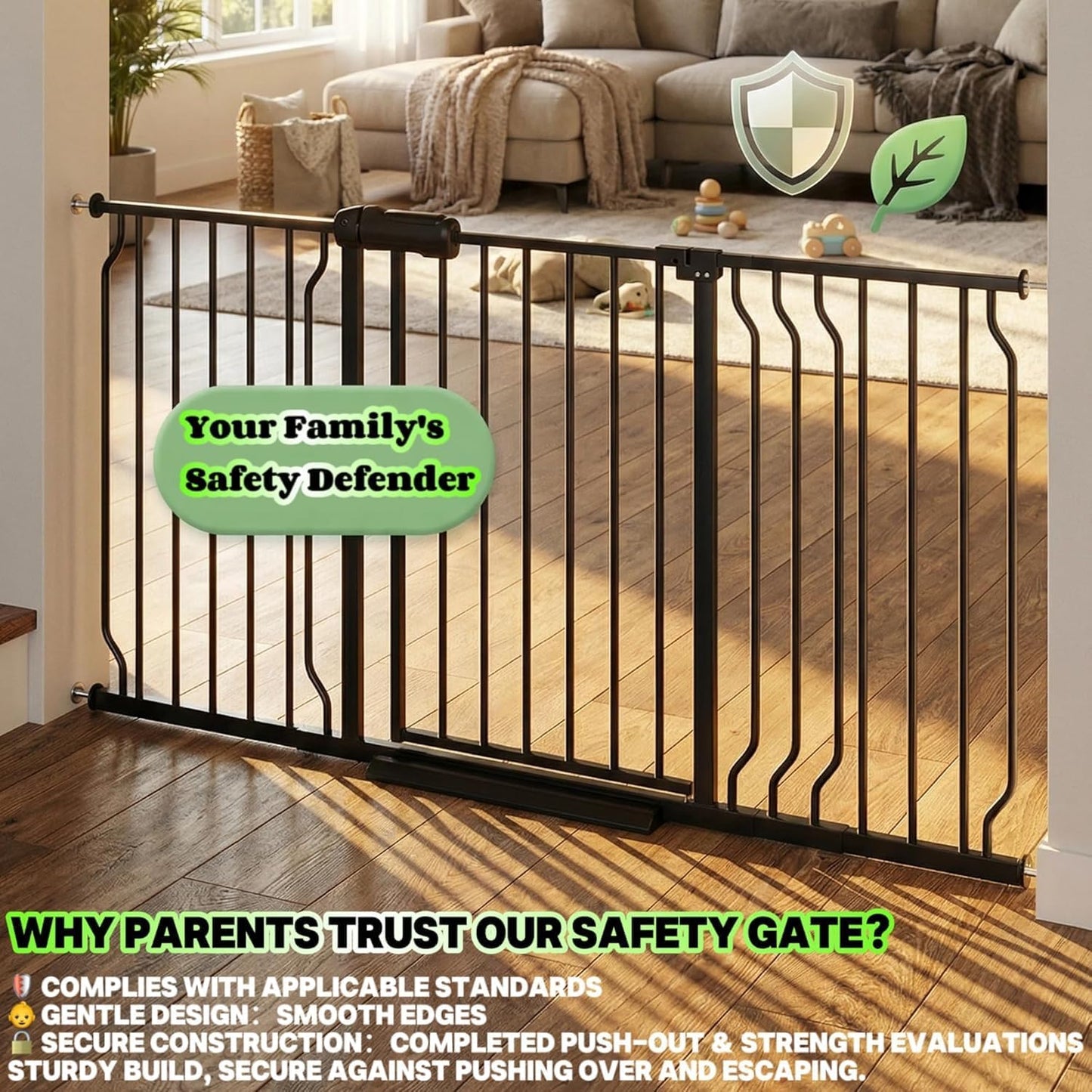 Extra Wide Baby Gates for Doorways 71.65"-85.82" Extra Wide Baby Gate Dog gate Pressure Mounted No Drilling with Walk-Through, Auto-Close & Dual-Direction Swing for Large Wide Opening Black