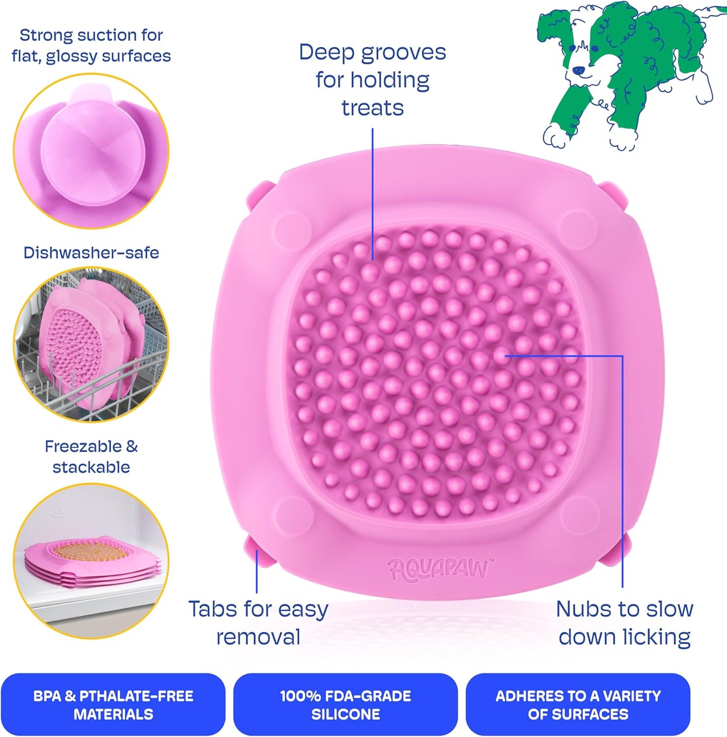 Aquapaw Lick Mat for Dogs 2-Pack, Suction Cup Dog Slow Feeder Pad & Licking Mat for Peanut Butter Treats – Calming Dog Bathing Aid, Stress Relief & Mental Stimulation for All Breeds - Pink