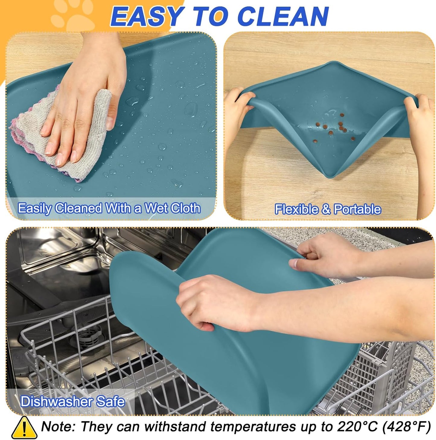 Small Silicone Pet Food Mat with Raised Edge for Food and Water Bowl, Square Dog Feeding Mats, Cat Food Trays for Floor Waterproof, Rubber Tray for Dogs and Cats, 12 x 12 x 0.7 Light Olive Green