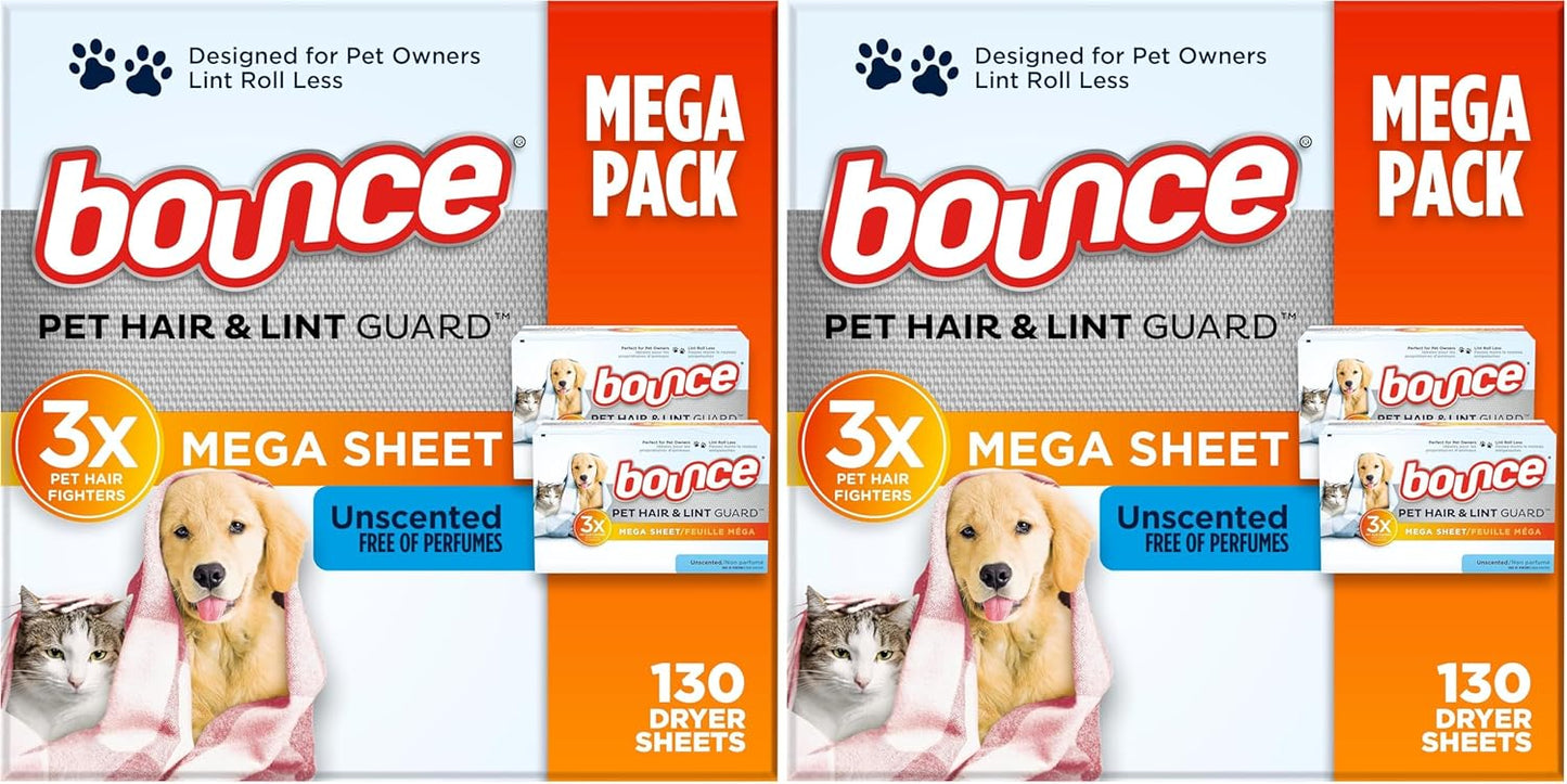 Bounce Pet Hair and Lint Guard Mega Dryer Sheets with 3X Pet Hair Fighters, Unscented, 130 Count